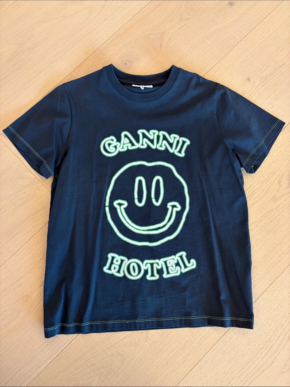 NWOT Ganni Black Tee with Neon Green Smiley Logo